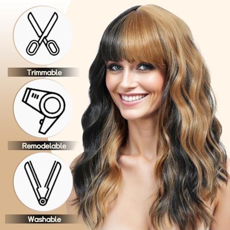Black Wig With Bangs Long Wavy Wig for Women Curly Wavy Hair Wigs Heat Resistant Synthetic Curly Natural Black Wigs Hair Replacement Wigs for Girls Daily Party Use 24inch(Black)