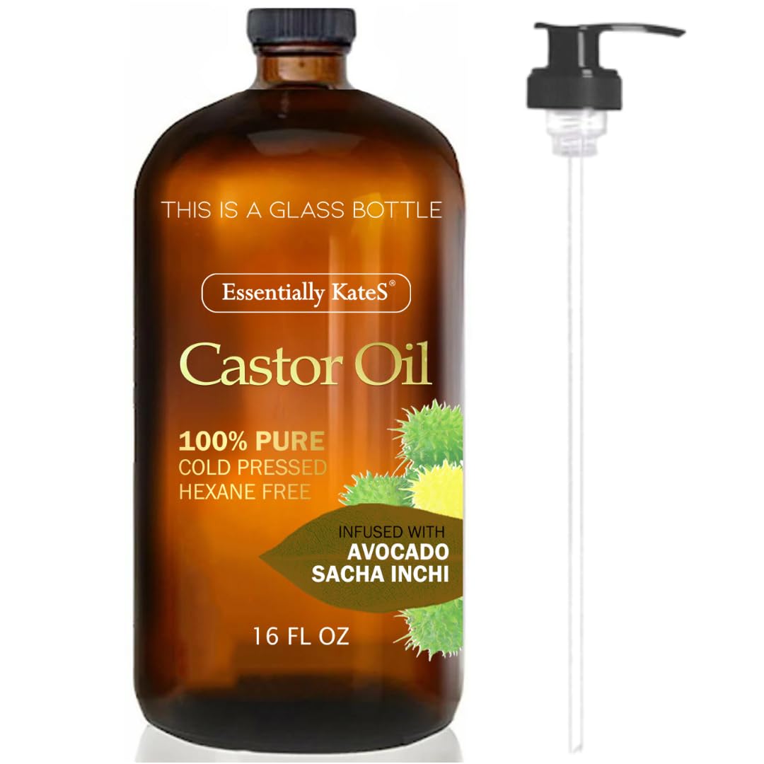 Essentially KateS Castor Oil 16 Fl Oz (Glass Bottle) - Argan + Rosehip - A Huge Glass Bottle with a Pump - 100% Pure and Natural, Cold Pressed, and Hexane-Free, Body, Hair