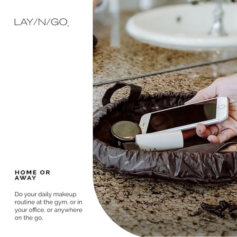 Lay-n-Go Cosmo Drawstring Cosmetic & Makeup Bag Organizer - Portable Drawstring Makeup Bag w/Zipper Pocket, Makeup Loops & More - Durable, Machine Washable Makeup Bag for Travel (20”, Navy/Green)