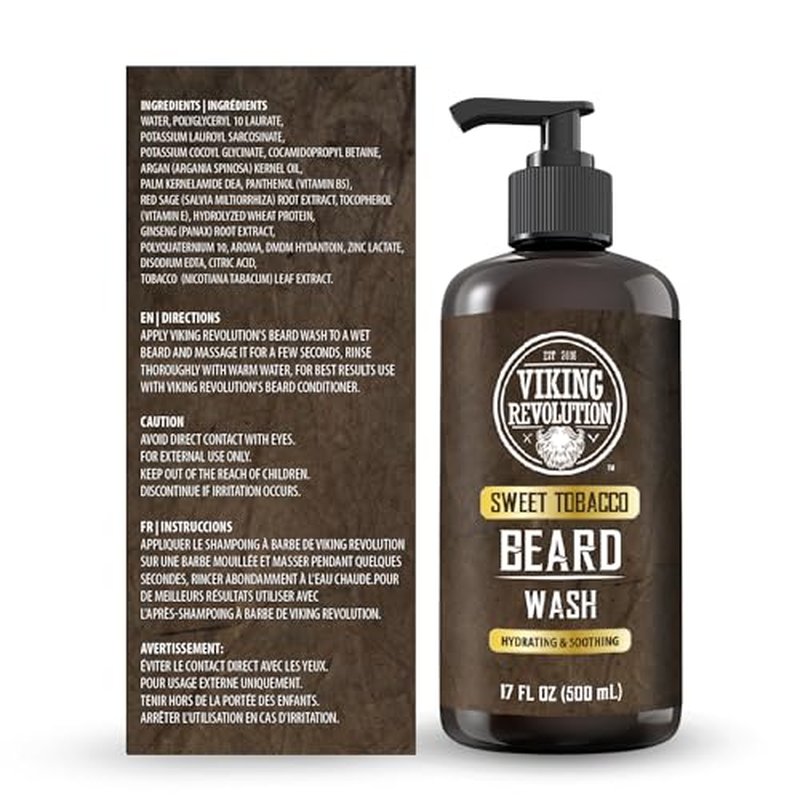 Viking Revolution Sweet Tobacco Beard Wash for Men with Argan Oil and Jojoba Oil - Beard Softener and Strengthener Beard Shampoo with Beard Oil - Beard Care to avoid Beard Dandruff and Itch (17 oz)