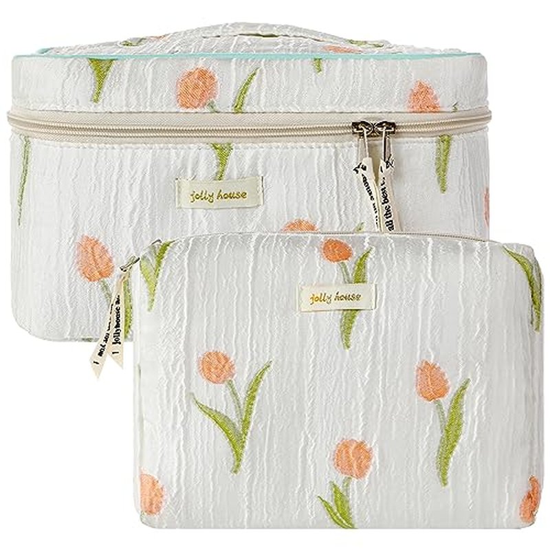 HBselect Quilted Makeup Bag, 3PCS Cotton Large Travel Makeup Bag, Cute Floral Coquette Make up Bag Cosmetic Bag Toiletry Bag for Women Girls