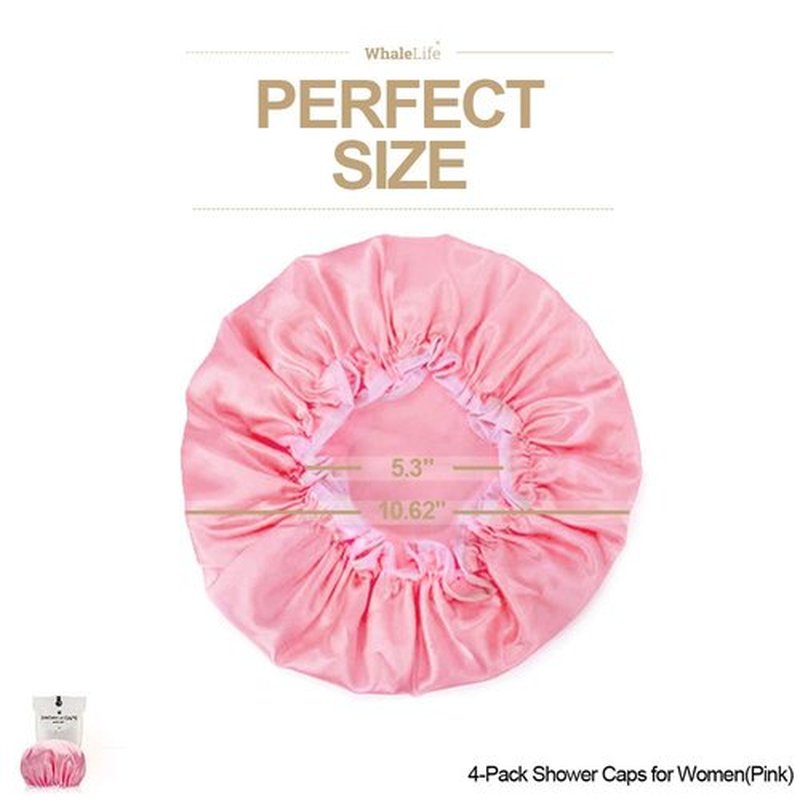Shower Cap for Women Reusable Extra Large Shower Cap for Men (Pink 4 Pack Large) Satin Double Layer EVA Waterproof Long Hair Cap