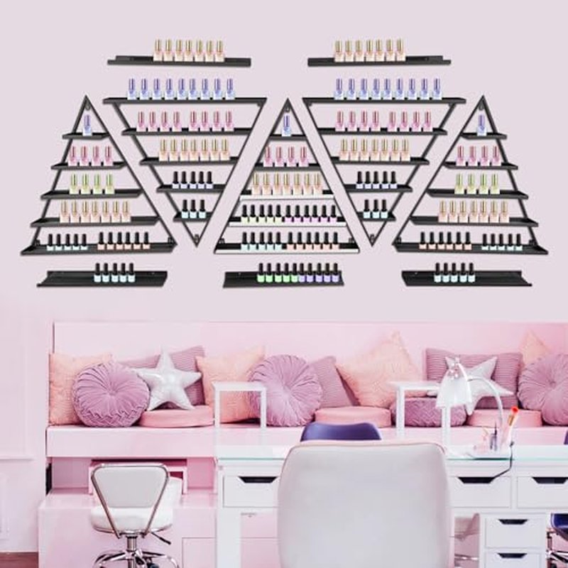 LEYSRIS Wall-Mounted Nail Polish Rack, Set of 10 Triangular Black Nail Polish Shelf Lipstick Perfume Cosmetic Display Shelf for Home Spa Nail Salon Shop