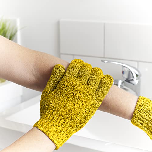 Temple Spring Exfoliating Gloves - Carbonized Rayon Bamboo Bath/Shower Gloves, Bath Gloves for Shower Exfoliating and Ingrown Hair/Dead Skin Remover - Exfoliator Mitt Scrub Gloves - Mustard Yellow