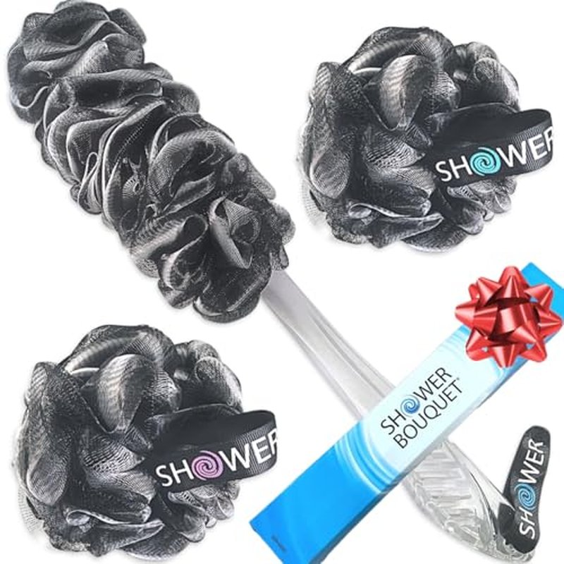 Loofah-Charcoal Back-Scrubber & Bath-Sponges by Shower Bouquet: 1 Long-Handle-Back-Brush Plus 2 Extra Large 75g Soft Mesh Poufs, Men & Women - Exfoliate with Full Pure Cleanse in Bathing Accessories