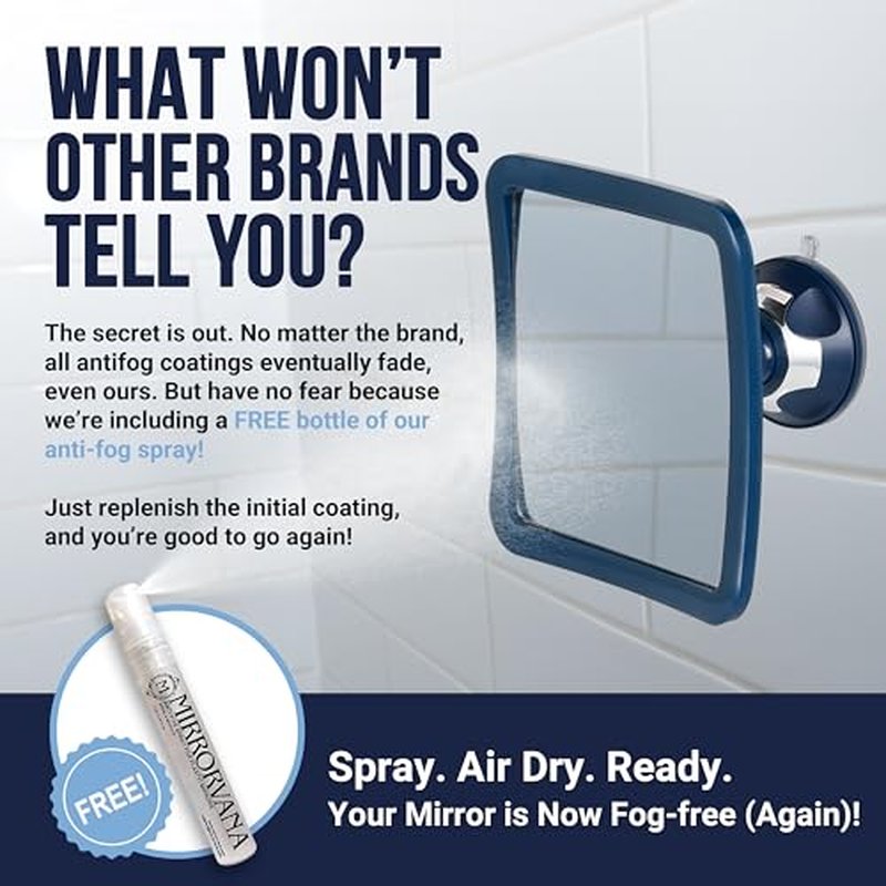 MIRRORVANA Fogless Shower Mirror for Shaving with Upgraded Suction, Anti Fog Shatterproof Surface and 360° Swivel, 1X Magnifying, 6.3 x 6.3 Inch (Black)