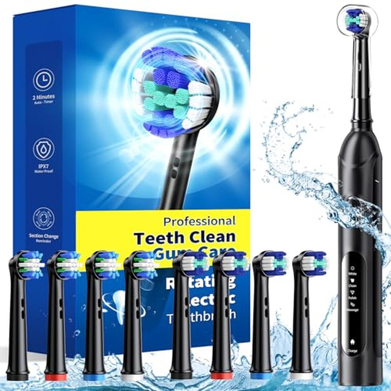 TEETHEORY Rotating Electric Toothbrush for Adults with 8 Brush Heads (2 Types), 4 Modes Deep Clean Electric Toothbrush with Rechargeable Power and 2 Min Smart Timer, Fast Charge (Black)