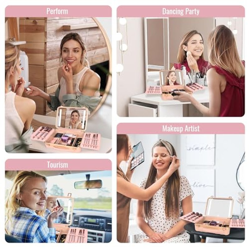 GGV Makeup Case With Lighted Mirror, Makeup Bag With Led Mirror 3 Color Setting Travel Makeup Train Case Adjustable Brightness (Pink)