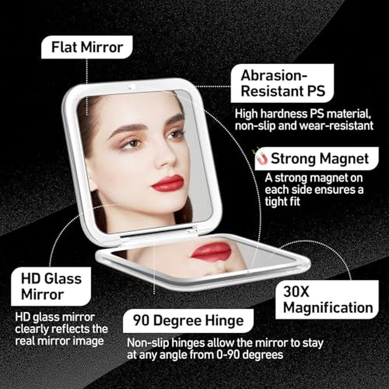 Compact Mirror, 30X Magnifying Mirror, Square Travel Makeup Mirror, 3.3x3.3 inch Small Pocket Mirror, 2-Sided Travel Essential Mirror, Women's Magnetic Portable Mirror with Precision Tweezers, Black