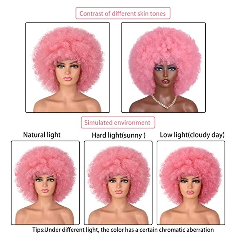 ANNISOUL Afro Wigs for Black Women Short Curly Afro Kinky Wig 70s Bouncy Huge Fluffy Puff Wigs Premium Synthetic for Cosplay and Daily(Pink)