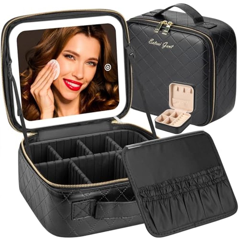 Extrei Gent Makeup Travel Train Case With LED Lighted Mirror, Portable Waterproof 3-Color Adjustable Brightness Professional Makeup Bag with Dividers Makeup Brush Accessories and Toolkit