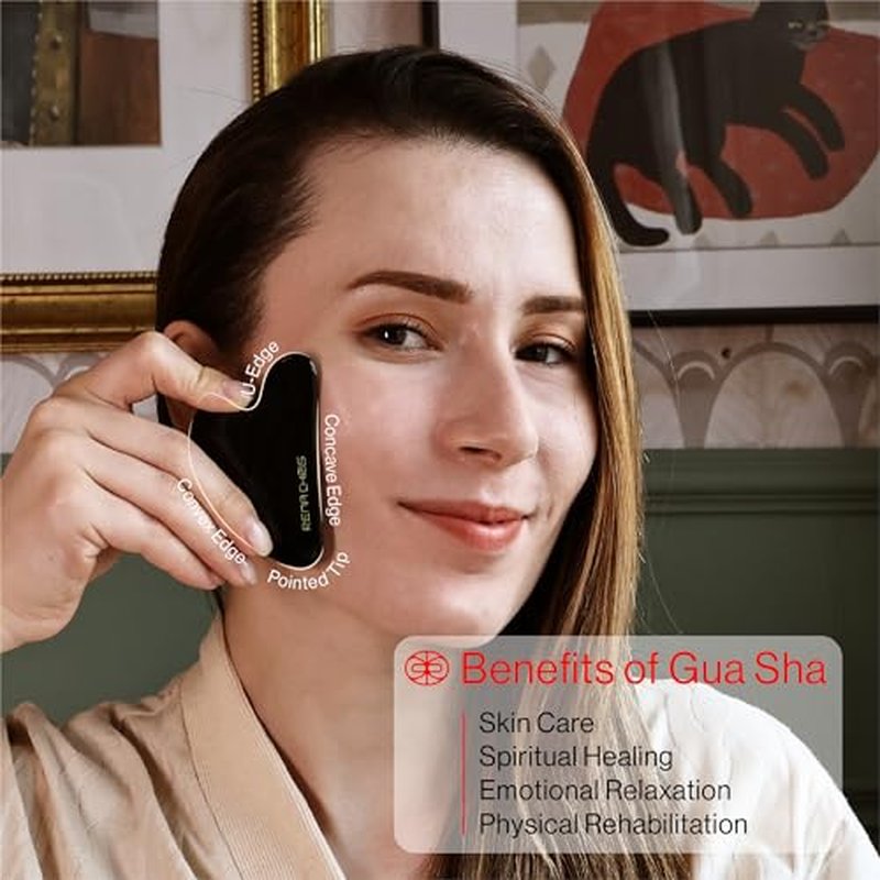 Rena Chris Gua Sha Facial Tools, Natural Jade Stone Guasha Tool, Manual Massage Sticks for Jawline Sculpting and Puffiness Reducing, Gua Sha Scraping Massage Tool, Skin-Care Tool (Black)