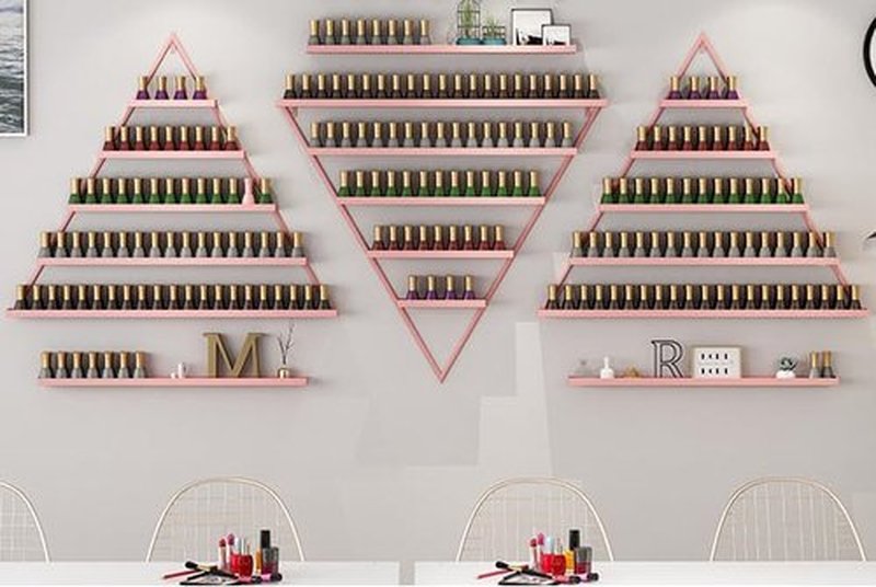 LEYSRIS Wall-Mounted Nail Polish Rack, Set of 6 Triangular Pink Nail Polish Shelf Lipstick Perfume Cosmetic Display Shelf for Home Spa Nail Salon Shop