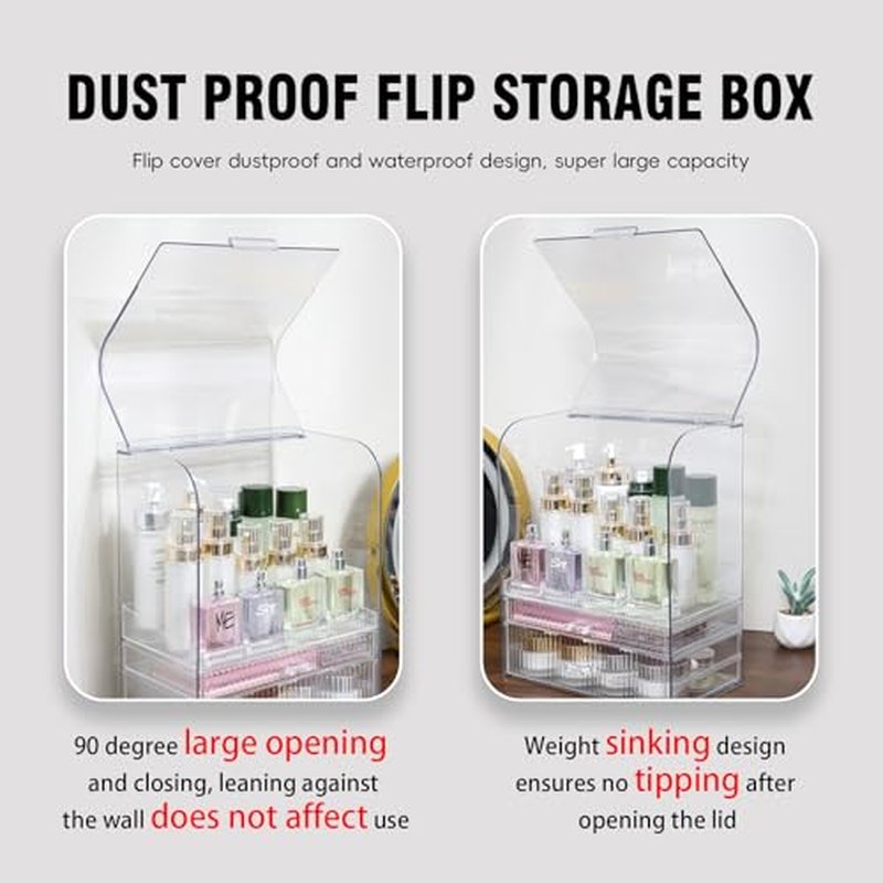 Clear Make up Organizers and Storage for Vanity With Dustproof Lid,Large Skincare Organizer and Bathroom Counter Organizer With 2 Drawers For Cosmetics,Lotion,Beauty Product Dresser Top Organizer Box