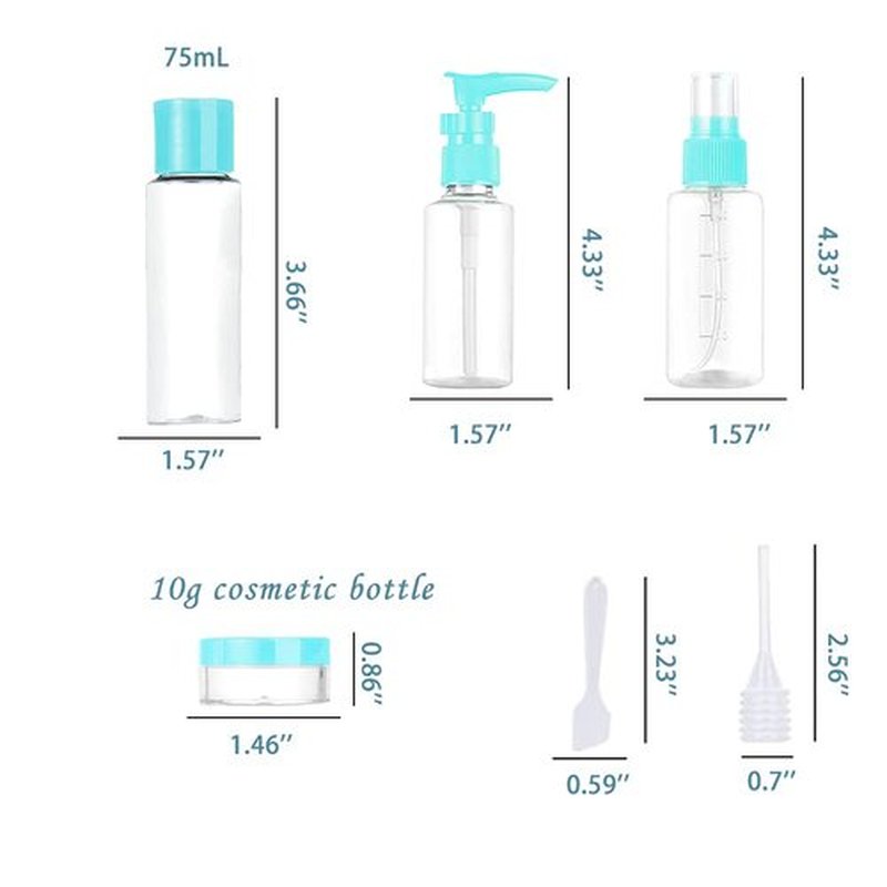 Vitog Travel Bottles Kit, TSA Approved Leak Proof Portable Toiletry Containers Set, Clear flight size PET Cosmetic Containers for Lotion, Shampoo, Cream, Soap, Set of 11 (Blue+Plastic)