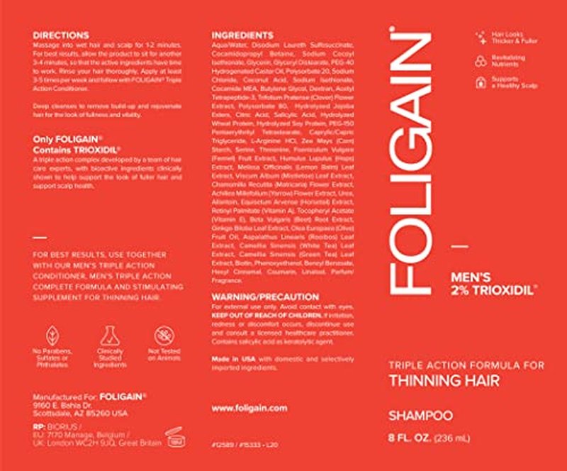 Foligain Triple Action Shampoo For Thinning Hair, Men’s Volumizing Shampoo, with 2% Trioxidil 8 Fl. Oz.