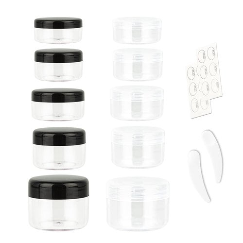 ZEJIA 10pcs Small Travel Containers, Sample Containers with Screw Lids, 5 Size 3/5/10/15/20 Gram Sample Jars with 12pcs Labels and 2pcs Mini Disposable Spatula, Makeup Sample Containers BPA Free
