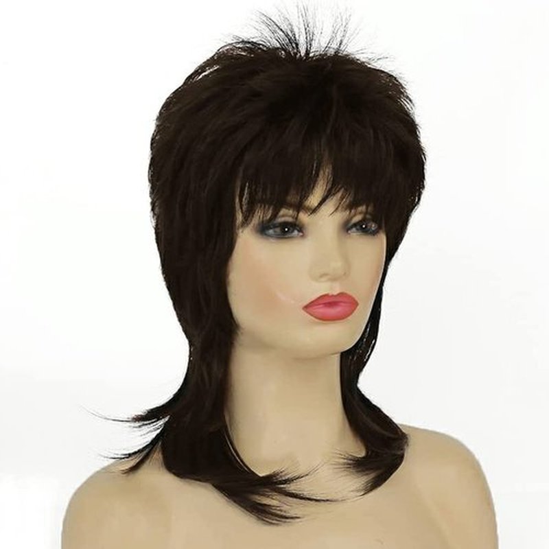 Amnenl Brown Mullet Wig for Women Short Shaggy Layered 70s 80s Rocker Curly Hair Wig for Cosplay Halloween Party Daily Use