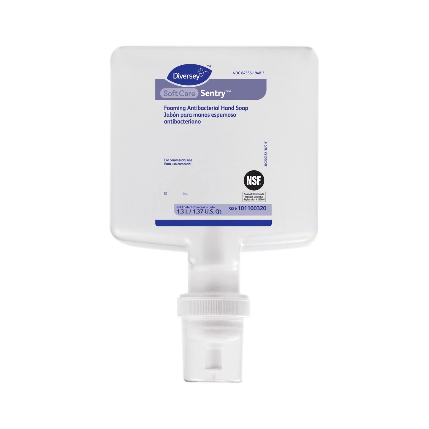 Diversey Soft Care Sentry Foaming Antibacterial Hand Soap, Fragrance-Free, 1.3 L Cartridge Refill, 6/carton