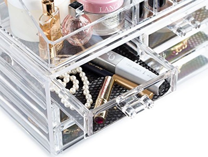 Masisrs Clear Makeup Organizer - Cosmetic Storage Organizer - 16 Compartments - Easily Sort Make Up & Jewelry - 4 Drawer Vanity Organizer - Elegant Look - Transparent Design - Makeup Holder