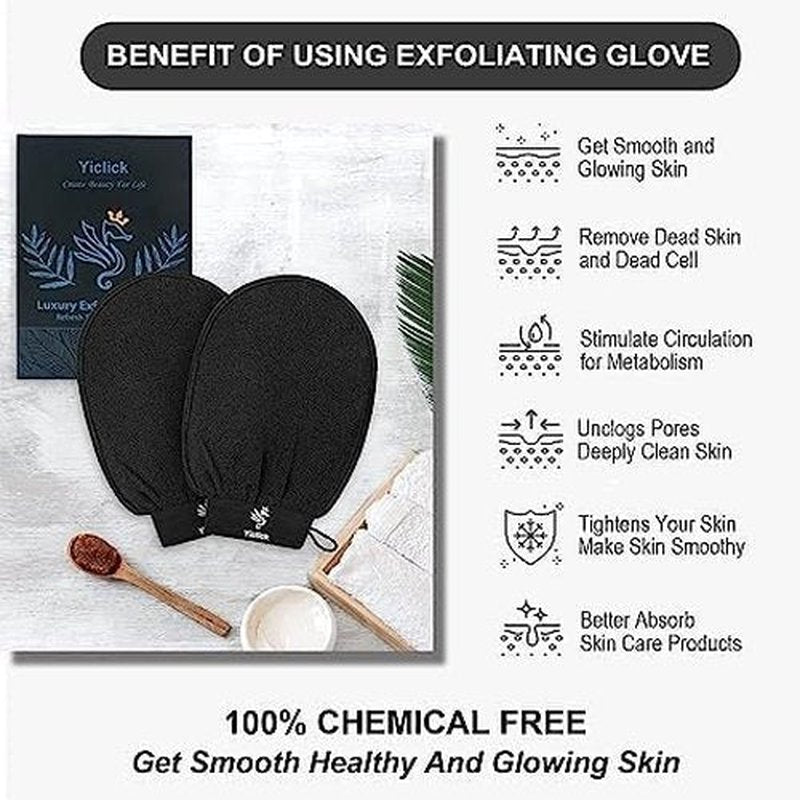 Yiclick Heavy Exfoliating Gloves, Exfoliating Body Scrubber for Bath Shower Exfoliation, Body Scrub Exfoliator for Dead Skin Remover, Exfoliate Sponge Loofah Washcloth Mitt Men Women (4Black)