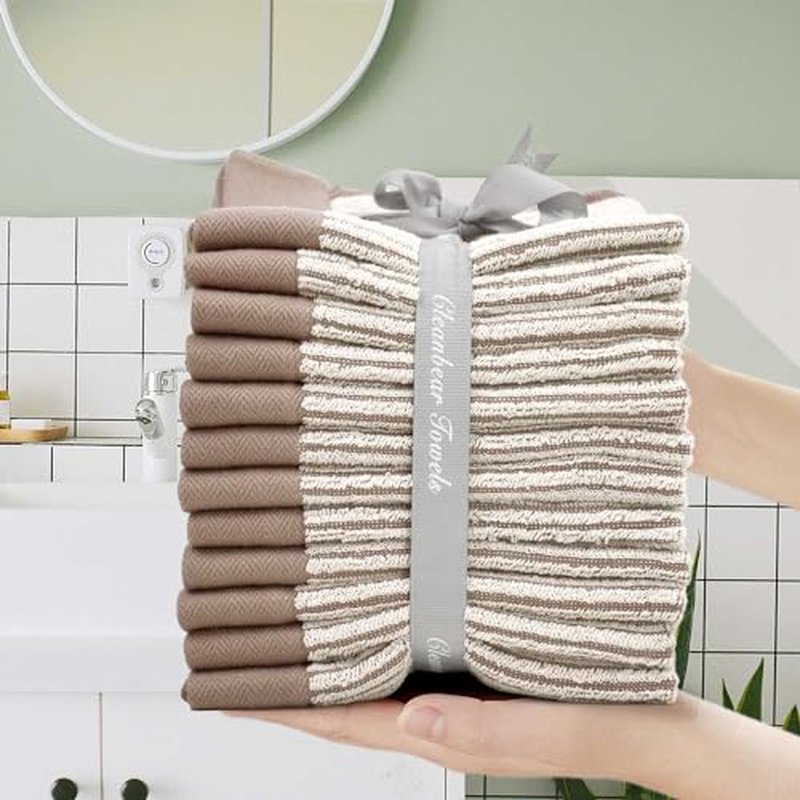 Cleanbear Wash Cloths 12 Pack, Jacquard Weaved Cotton Washcloth for Body and Face, 13.5 by 13 Inches Soft Face Towels for Sensitive Skin (Light-Brown)
