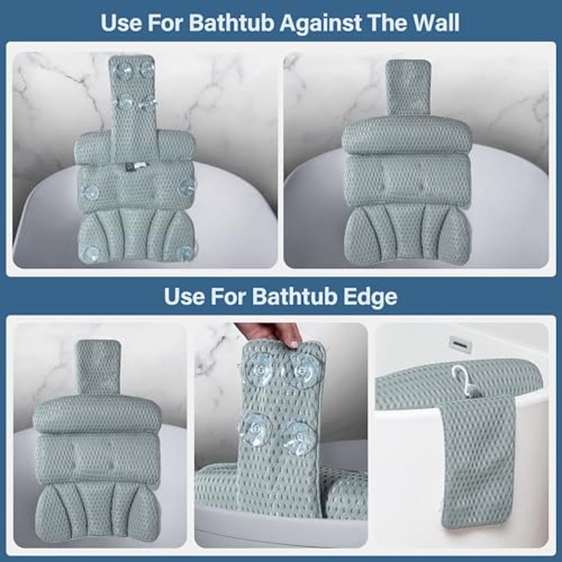 Bath Pillow Bathtub Pillow for Tub Luxury Bath Tub Pillows for Tub Neck and Back Support with Soft Mesh Fabric and 8 Strong Powerfull Non-Slip Suction Cups Relaxing Bath Accessories Spa Gifts, Grey