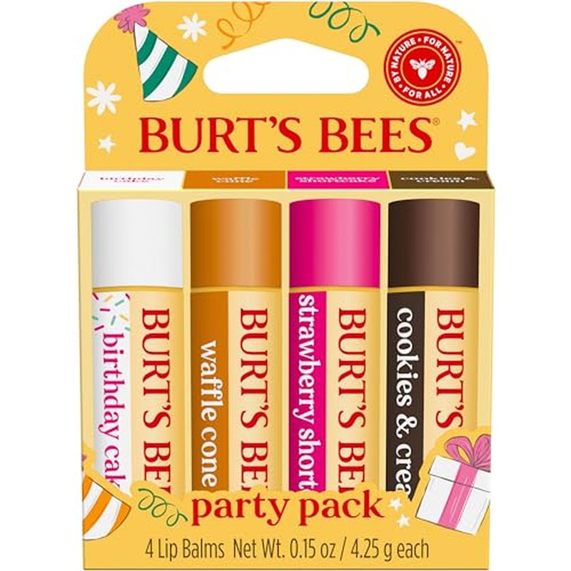 Burt's Bees Lip Balm Stocking Stuffers, Party Pack - Birthday Cake, Waffle Cone, Strawberry Shortcake, and Cookies & Cream, All Day Moisturizer, Tint-Free, Natural Origin Treatment (4-Count Pack of 1)
