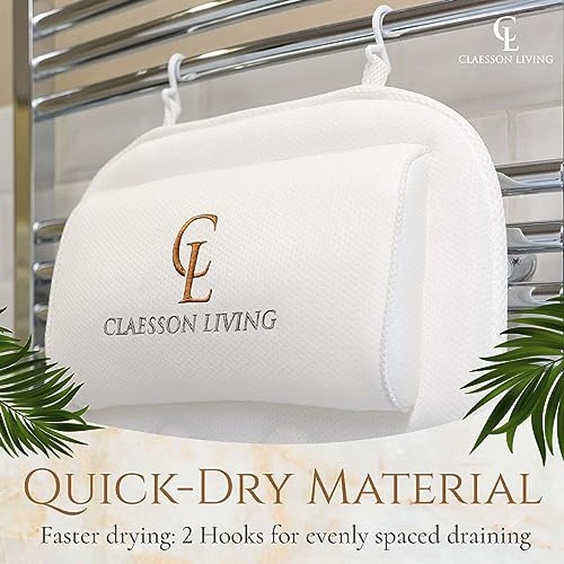 Claessonliving Full-Body Bath Pillow (17'' x 49'') - Bathtub Cushion with Headrest Supports Neck, Back and Legs - Free Hanging Hooks for Fast Drying Over Tub - Includes Washing and Travel Bags - White