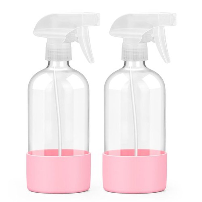 Worldgsb 2 Pack Glass Spray Bottles with Silicone Sleeve, 16 oz Empty Refillable Containers with Adjustable Spray Nozzles, Spray Bottles for Hair, Cleaning Solutions and Plants Pink