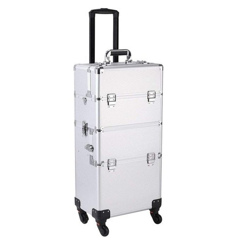 Karl home 3 in 1 Makeup Train Case Rolling Cosmetic Trolley Large Capacity Travel Organizer with Key 360°Swivel Wheels Suitcase for Beauticians Hairstylists Nail Tech Students, Silver