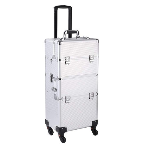 Karl home 3 in 1 Makeup Train Case Rolling Cosmetic Trolley Large Capacity Travel Organizer with Key 360°Swivel Wheels Suitcase for Beauticians Hairstylists Nail Tech Students, Silver