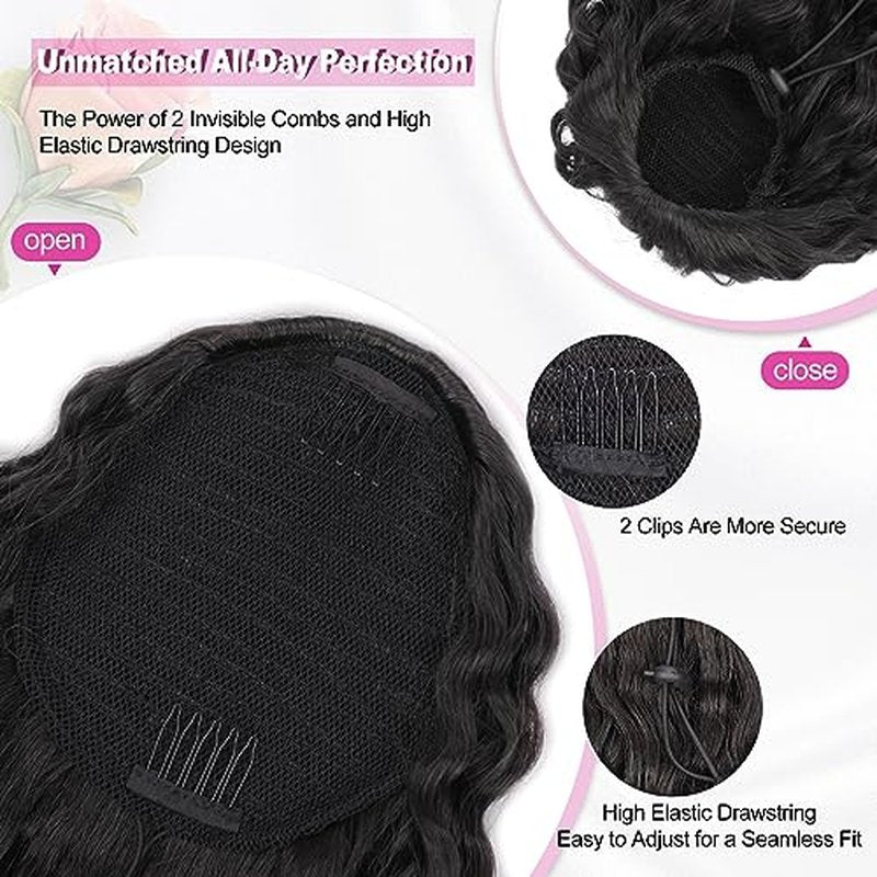 QGZ Ponytail Extension,Drawstring Ponytail for Black Women 14 Inch Synthetic Short Wavy Curly Layered Pony Tails Hair Extensions for Daily Use(Black)