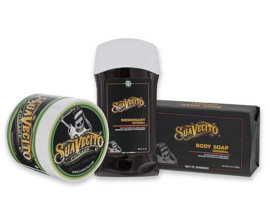 Suavecito Pomade Signature Scent Essentials Bundle: Matte Hair Styling Pomade, Aluminum Free Deodorant, Moisturizing Body Soap