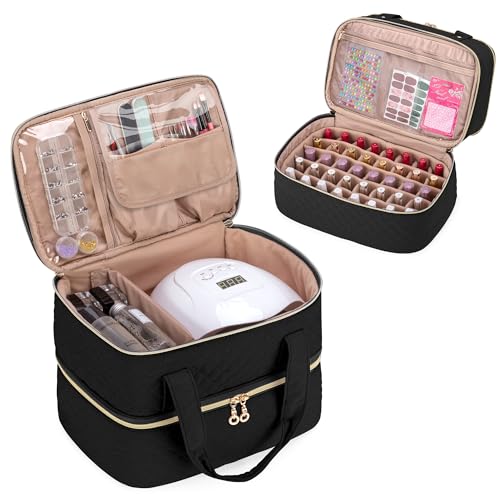 Yarwo Nail Polish Organizer Case Holds 50 Bottles(15ml/0.5 fl.oz) and Nail Lamp, Double Layers Nail Polish Bag with Adjustable Dividers for Nail Art Tools, Black (Bag Only, Patent Design)