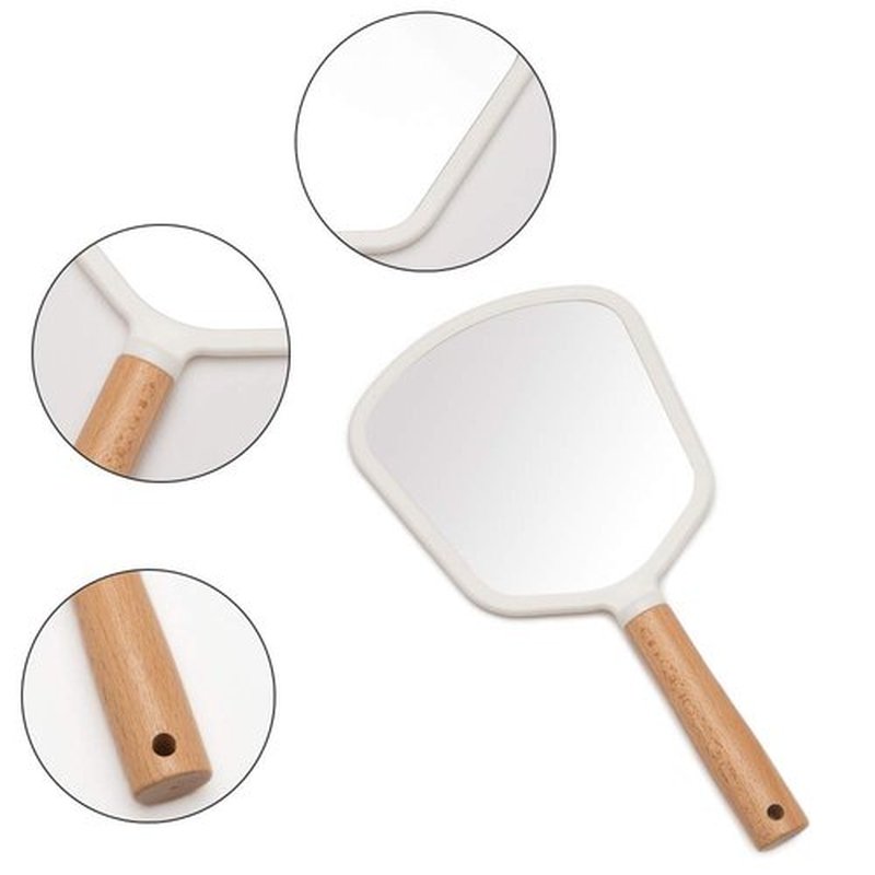 YEAKE Hand Held Mirror with Handle for Makeup,Small Cute Wood Hand Mirror for Shaving with Hole Hanging Single-Sided Portable Travel Vanity Mirror for Men&Women(Fanshape)