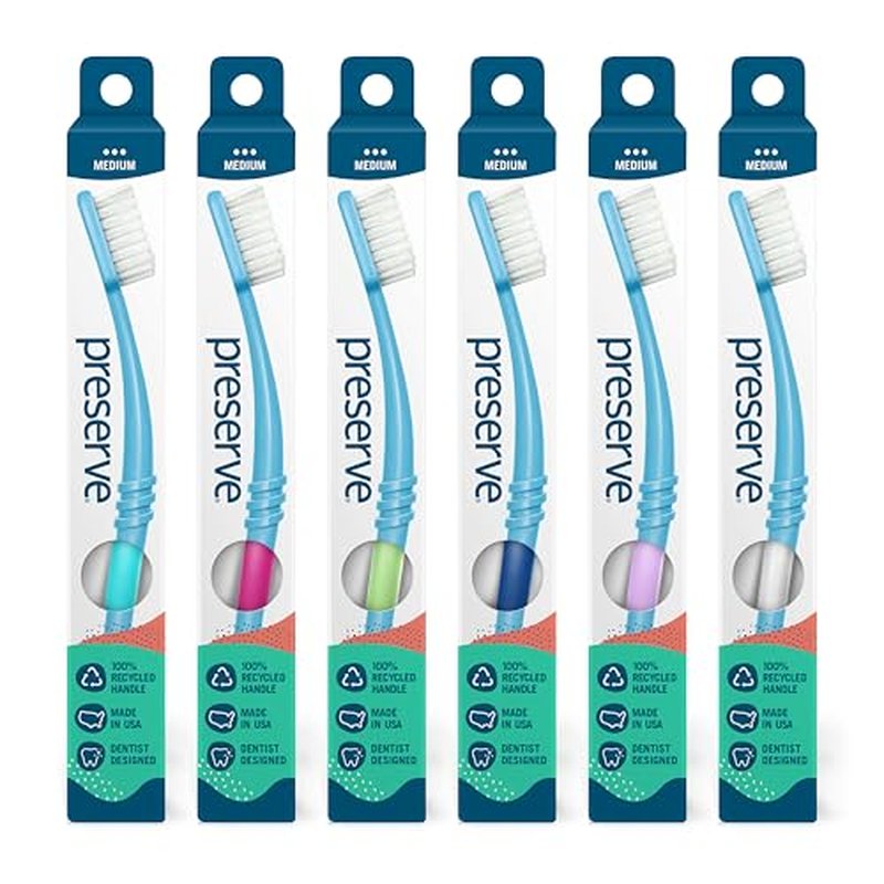 Preserve Eco Friendly Adult Toothbrushes, Made in The USA from Recycled Plastic, Ultra Soft Bristles, Paperboard Package, Colors Vary, 6 Count (Medium)