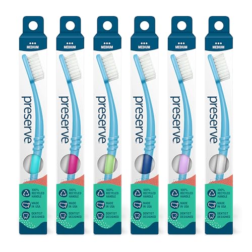 Preserve Eco Friendly Adult Toothbrushes, Made in The USA from Recycled Plastic, Ultra Soft Bristles, Paperboard Package, Colors Vary, 6 Count (Medium)