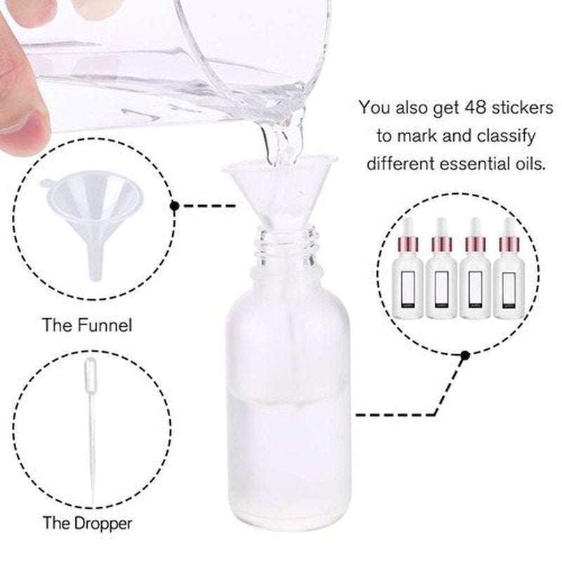 PrettyCare Eye Dropper Bottle 1 oz (24 Pack Frost Rose Glass Bottles 30ml with White and Rose Caps, 48 Labels, Funnel & Measured Pipettes) Empty Tincture Bottles for Essential Oils, Perfume