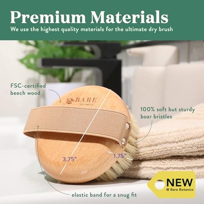Bare Botanics 17" Dry Brushing Body Brush | Medium Firmness, Natural Color & Silicone Grip | Extra Long Bath Brush w/Hang Rope | Back Scrubber for Shower