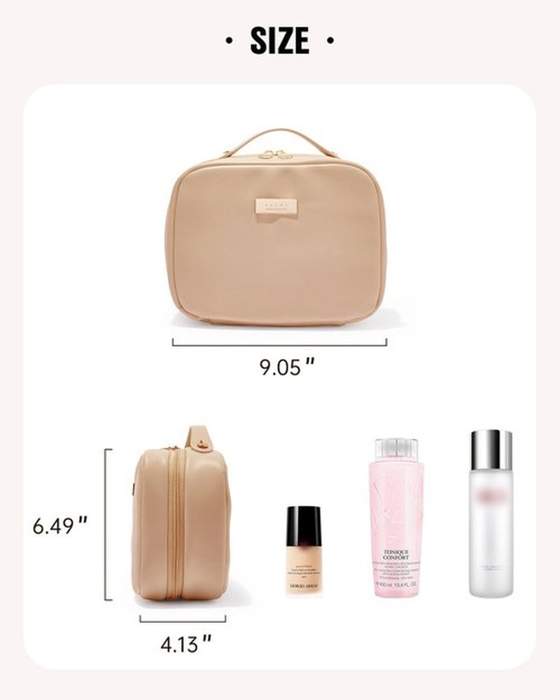 EACHY Travel Makeup Bag, Large Capacity Cosmetic Bags for Women, Waterproof PU Leather Make Up Bag with Makeup Brush Organizer (Beige)