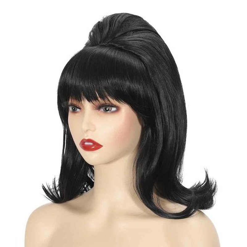 Sabosi Womens Flip Wig 70s Pinup Pelucas 60s Retro Black Beehive Wig Vintage Wig with Bangs for Women Synthetic Hair for Halloween Costume Party