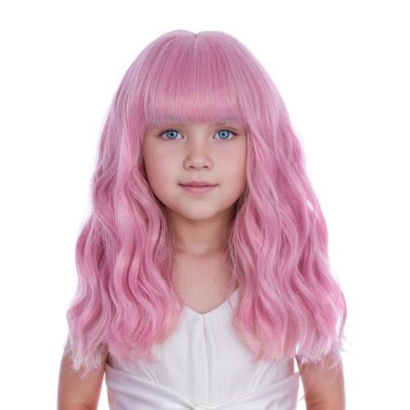 DUDUWIG Girls Light Pink Wig with Air Bangs Kids Short Pink Wavy Curly Wigs Child Pink Wig with Bangs Synthetic Cosplay Hair Wig