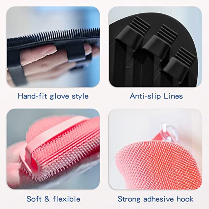 Manmihealth Silicone Back Scrubber (Thin Bristles) & Bath Glove & Face Brush Set(3PCS), Super-Exfoliating & Lathering Body Scrubber, Shower Brush, Face Scrubber Combination, with a Free Hook.(Black)