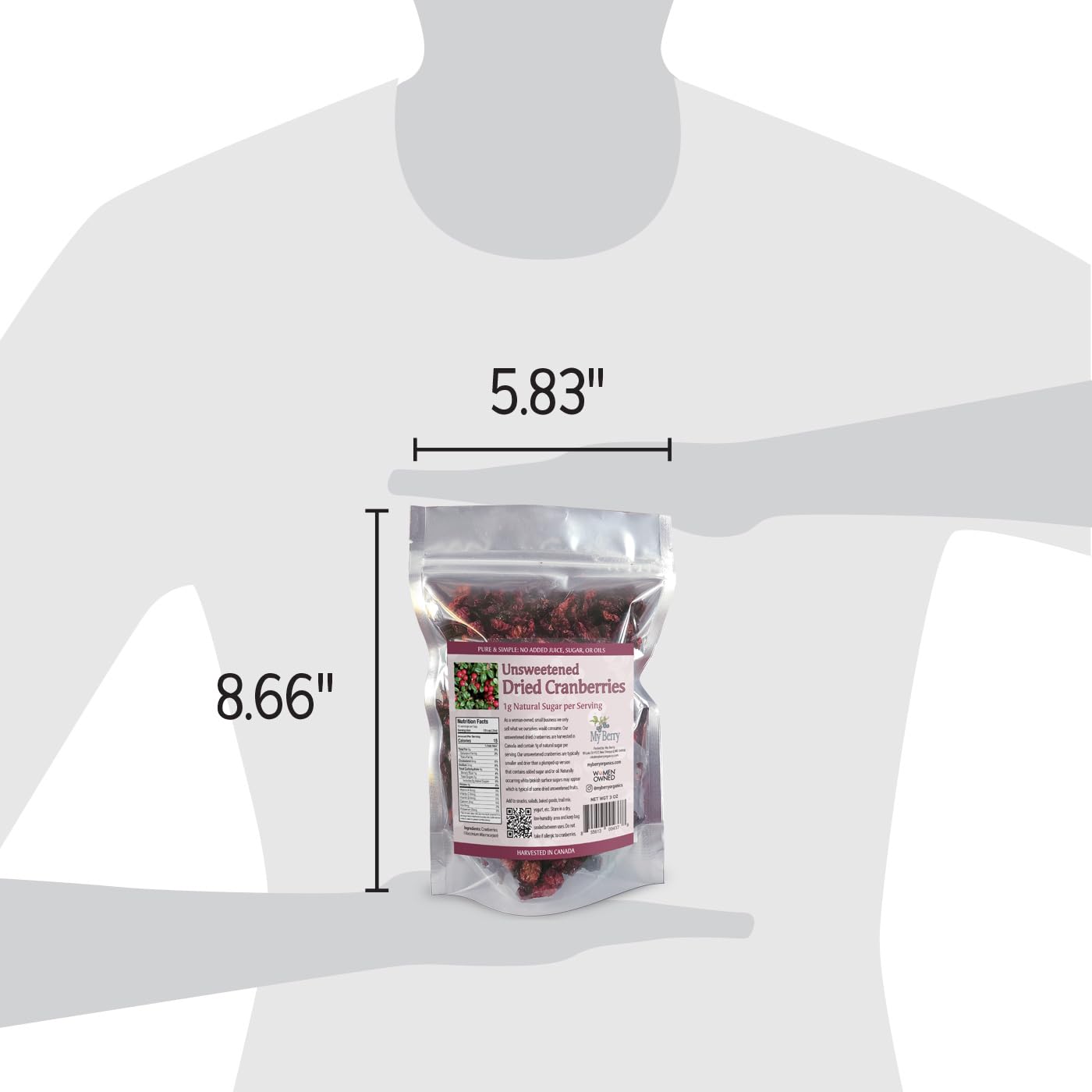 Unsweetened Dried Cranberries by My Berry | 3oz | Naturally Tart: 1g Natural Sugar Per Serving | Non-GMO | No Added Sugar, Juice or Oils | More Berries Per Ounce Than Sweetened Berries | Canadian Grown | Woman-Owned Small Company