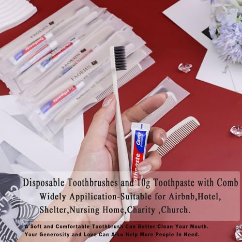 FAOEHN 10 Pack Apricot Disposable Toothbrushes with Toothpaste and Comb Set,10g Toothpaste,7inch Hair Comb,Individually Wrapped Disposable Travel Size Toothbrushes in Bulk for Homeless,Airbnb,Hotel