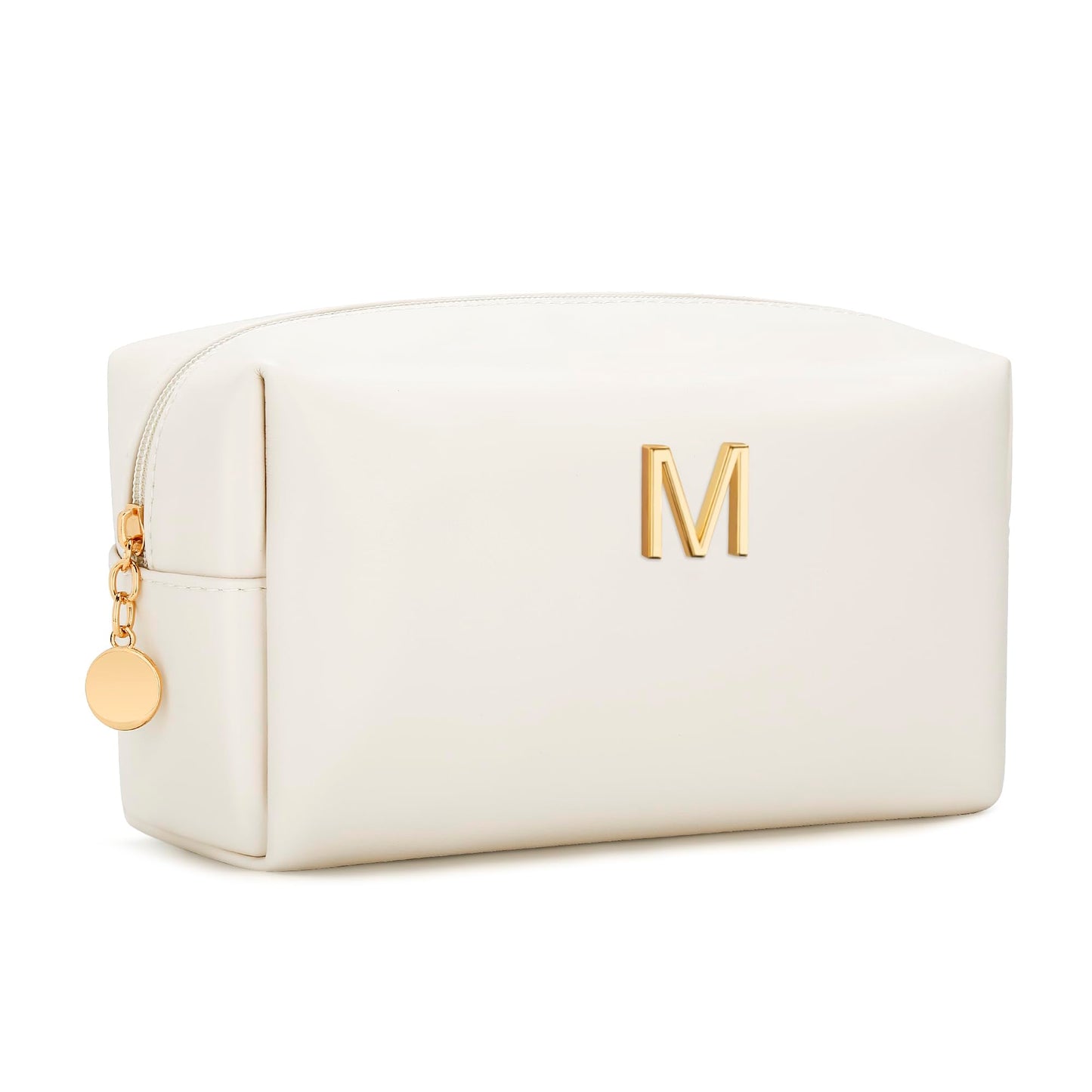CLOUDWINGS Gifts for Women Bridesmaid Gifts Personalized Initial Makeup Bag PU Leather Cosmetic Waterproof Travel Toiletry Bag (Beige M)