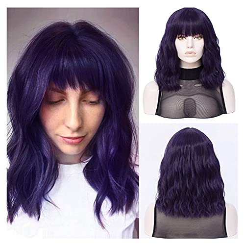 QACCF Purple Wig with Bang Short Wavy Shoulder Length Women Full Bang Heat Resistant Wig (Purple)