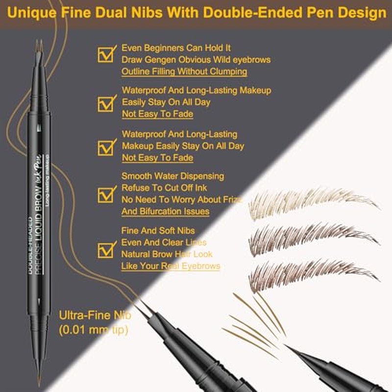 Microblading Eyebrow Pencil - Amazing 2-in-1 Dual-Ended Eyebrow Pen with 2-Fork-Tip and Precise Brush-Tip - Waterproof Eyebrow Pen for Natural Hair-Like Brows That Lasts All Day, Light Brown