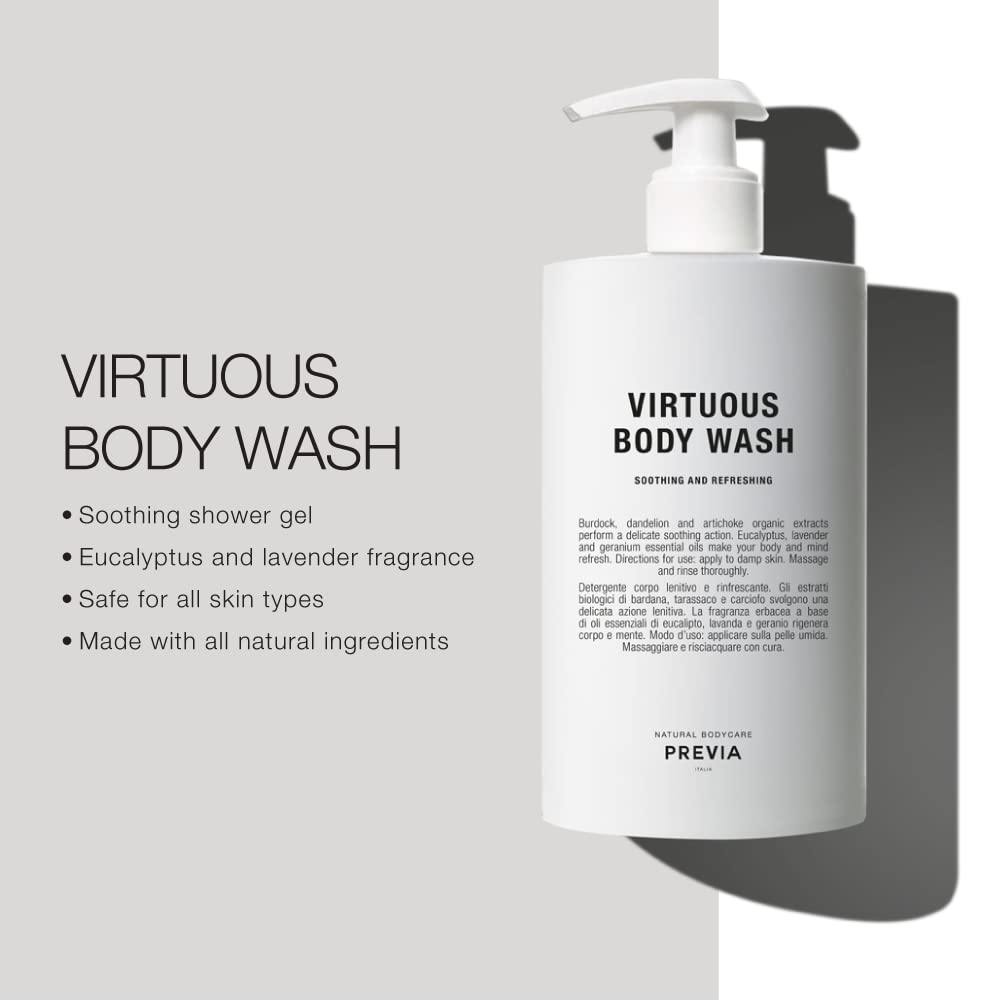 PREVIA Virtuous Body Wash - Soothing Shower Gel for Sensitive Skin - Refreshing and Gentle Cleansing - With Eucalyptus, Lavender, and Geranium Essential Oils - 16.9 oz